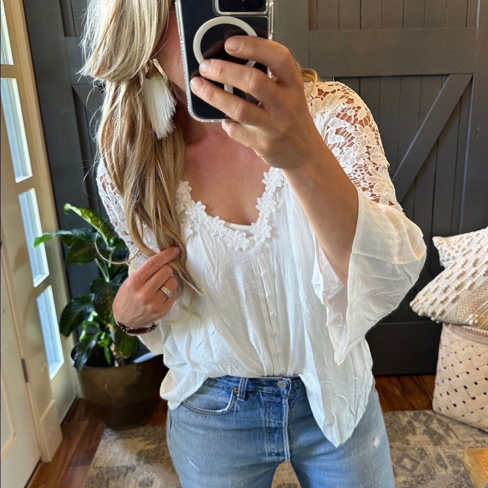New White Cotton Lace 3/4 Sleeve Button Front Floral Romantic Blouse Top Boho